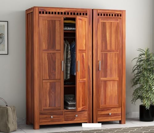 KUSUM HANDICRAFTS Wooden Wardrobe for Clothes | Sheesham Wood 3-Door ...
