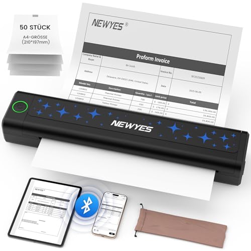 NEWYES Drucker, Tragbarer Thermodrucker für Geschäftsreisende und Studenten – Bluetooth Drucker für A4 Thermodruckpapier, Kompakt, Sofortiger Druck & Langlebiger Akku