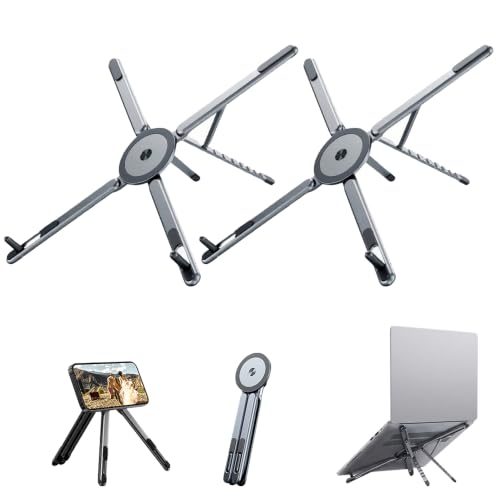 Image of 4-in-1 Foldable Laptop Stand, Magnetic Phone Stand & Selfie Stick with 180 Rotating Magnetic Head, Portable Travel Laptop Holder Tripod, 8-Level Ergonomic Height Adjustable Stand (Grey, 2 PCS)