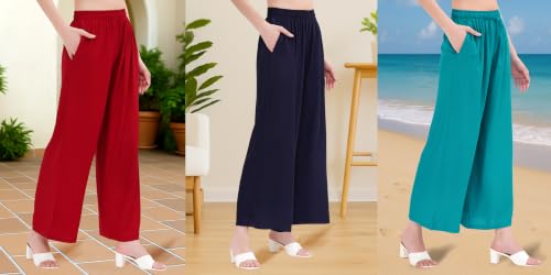 Image of Buy That Trendz Palazzo Pants for Women Rayon Elasticated Regular Fit Flared Wide Leg M to 6XL Pack of 3