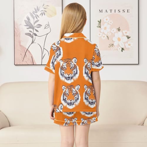 Satin Pajama Sets Short Sleeve Tiger Faces on Orange Button Down Silky Nightwear 2 Piece PJS 5-14Y4