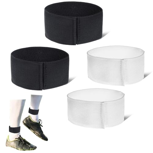 4PCS Football Shin Guard Straps, Soccer Shin Fixed Ankle Straps Anti Slip Ankle Straps Adjustable Sports Guard Stay for Kids Youth Adult Kicking Ball, Running, Cycling(Black & White)