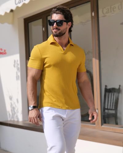 Camisetas Polo para Hombre YTD de Cuello en V y Ajuste Slim | Tees Suaves de Punto Rizado, Manga Corta, Estilo Casual y Deportivo para Golf miniatura 2