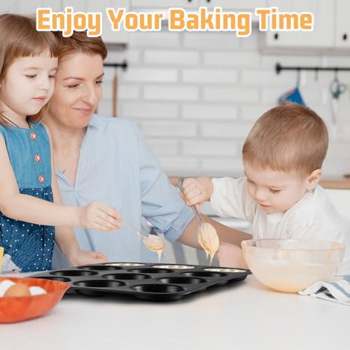 Image of E-far 12-Cavity Muffin Top Pan, 3 Inch Nonstick Shallow Cupcake Pan for Yorkshire Pudding, Eggs, Whoopie Pie, Cornbread, Easy Release & Clean, Standard Size, 2 Pack