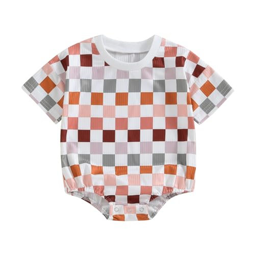 Image of KtwHarnu Unisex Baby Boy Girl Summer Clothes Checkered Bubble Romper Oversized Short Sleeve Romper Newborn Summer Outfit (Multicolor-Ribbed 2, 6-12 Months)