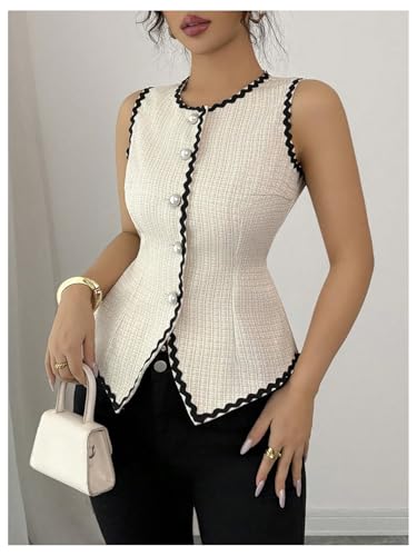 GORGLITTER Women's Pearls Button Down Vest Tops Sleeveless Office Work Suit Vests Waistcoat4