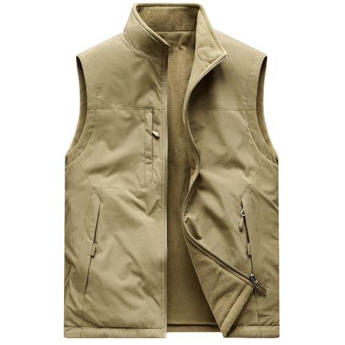 Bychen Men's Reversible Softshell Vest Windproof Casual Gilet for Travel Hiking Fishing Golf (US, Alpha, Medium, Khaki)