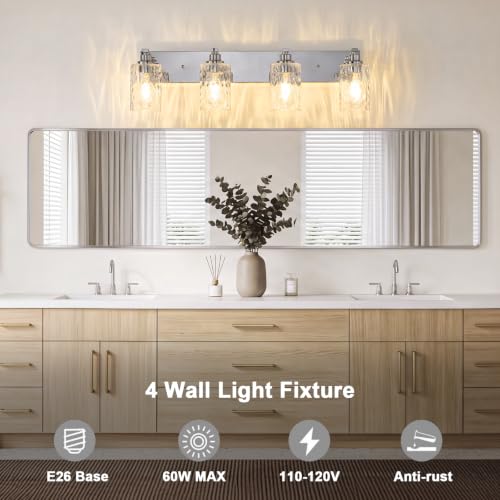 Image of 4-Light Bathroom Light Fixtures Modern Chrome Vanity Lights | Easy to Install Clear Hammered Glass Shades, Rippled Glow, Wall Mount Up or Down, E26 Socket, Hardwired, 120V