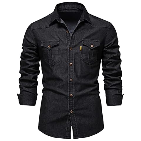 Nuofengkudu Men's Denim Shirts Slim Fit Button Down Long Sleeve Retro Denim Shirt with Pocket Black M Cover