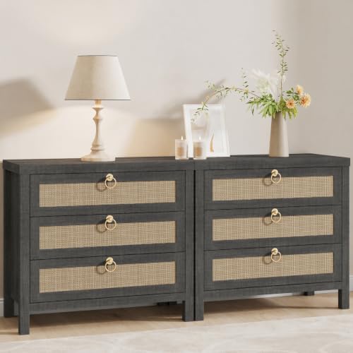 Image of Eclatara Large Rattan Night Stand Set of 2 Boho Nightstand with 3 Drawers | Black Oak Storage Bedside Table End Table Side Table for Bedroom