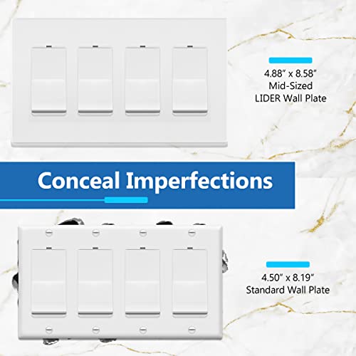 Image of LIDER Quadruple Decorator Switch Cover, Screwless Wall Plate, Mid-Size 4-Gang 4.88 inch x 8.58 inch, LSWP-34M-W2P, UL Listed, Thermoplastic, Matte White, 2-Pack