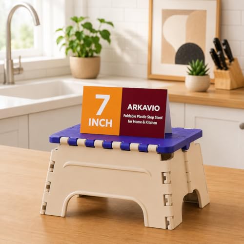 Image of 7 Inches Foldable Plastic Step Stool for Home & Kitchen, Portable Non-Slip Folding Stool, Heavy Duty Multipurpose Foot Rest for Bathroom, Office & Outdoor Use (Blue-Ivory)