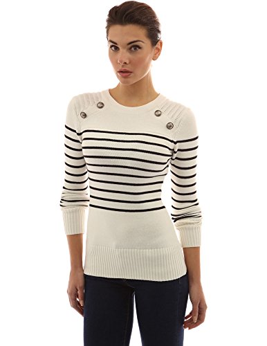 PattyBoutik Women Crewneck Striped Military Sweater (Ivory and Black X-Large) - Thumbnail 2