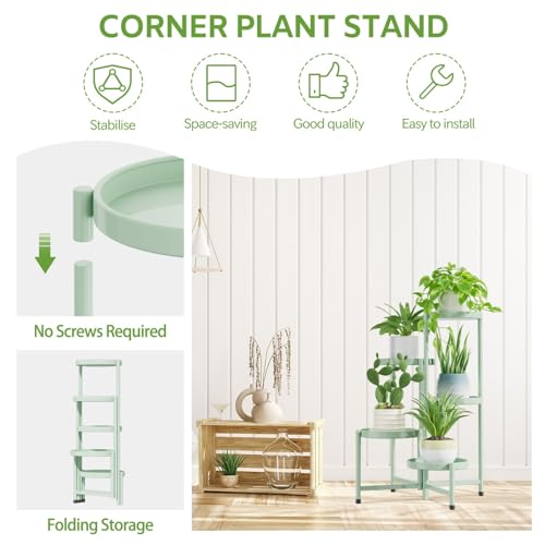 Image of iDavosic.ly 5 Tier Large Plant Stand Indoor, 10 Inch Wide Corner Tall Metal Plant Stands Outdoor for Multiple Plants, Folding Tiered Flower Display Holder Rack Shelf, Light Green