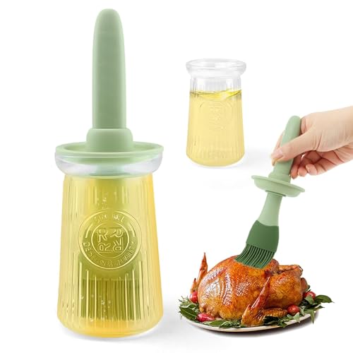 Ovrilossa Oil Dispenser with Brush, 7oz Sauce and Oil Bottle for Cooking, 3 in 1 Olive Dispenser Bottle with Heat Resistan-t Silicone Pastry Brush for Grill Frying BBQ (COLOR:green)