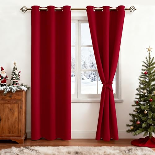 JIUZHEN Vorhänge Blickdicht mit Ösen Verdunklungsvorhänge Gardinen Schlafzimmer Ösenschal Vorhang gegen Kältes und Hitze Curtains Blackout ThermoVorhang 2er Set 228x117cm(HxB) Rot