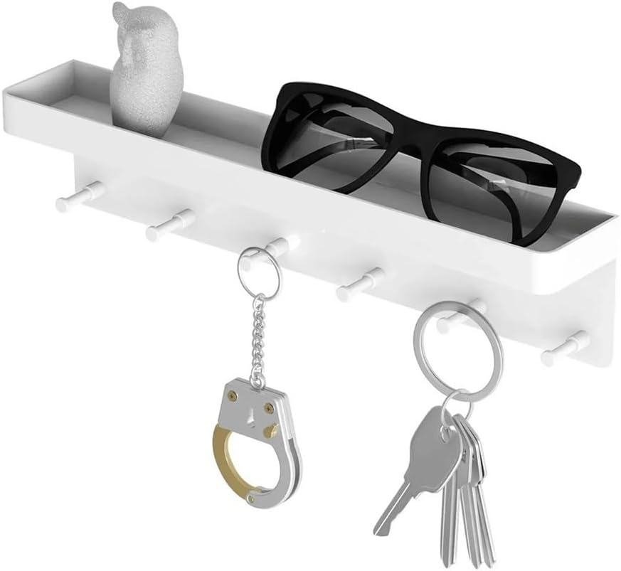 Hat Rack for Wall Wall Mounted Shelf Organizer, Key Holder, Tableware Hanger, Kitchen Storage Rack, Bathroom, 6 Hooks(White)