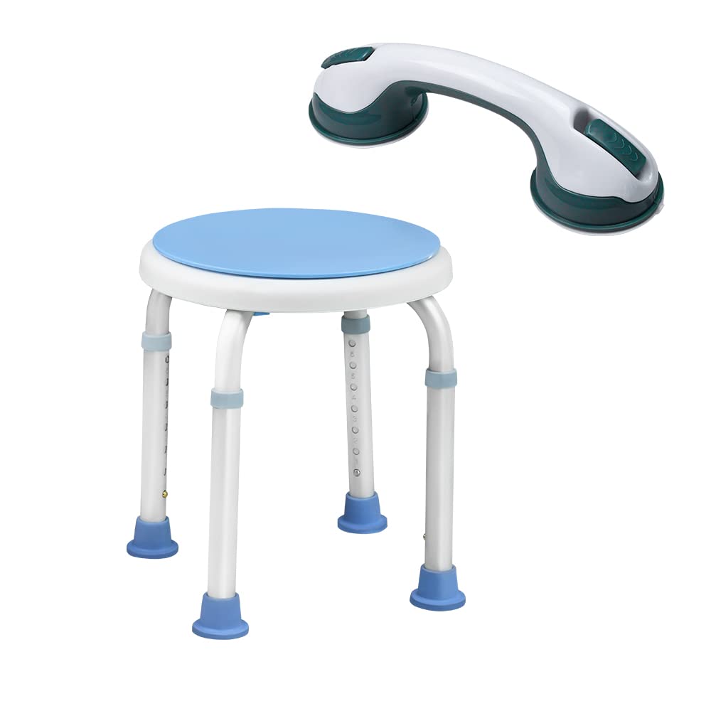 Aufun Taburete de ducha con mango de aluminio y plástico, altura ajustable 37-53 cm, silla de ducha giratoria 360 ° para ducha antideslizante