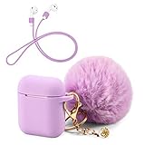 OOTSR Funda Protectora con Lindo Llavero Pompom Ball, Compatible con Apple AirPods Estuche de Carga, Cubierta Protectora de Silicona y Correa Anti-perdida para Apple AirPods(Violeta Claro)