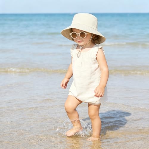 Shedoo Sonnenhut Baby, UV Schutz UPF 50+ Breiter Krempe Fischerhut mit Sonnenbrille, Nackenschutz Bucket Hat mit Verstellbarem Kinnriemen, Strandhut für Mädchen, Junge, Kinder - Beige, 6-24 Monate