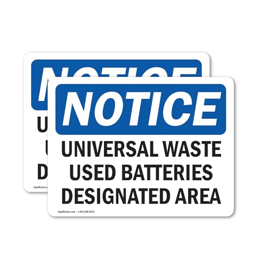 (2 Pack) Universal Waste Used Batteries Designated Area OSHA Notice Sign 14 Inch X 10 Inch Vinyl...