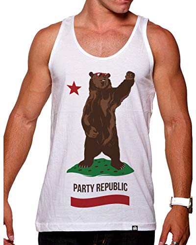 INTO THE AM California Party Republic Graphic Tank Tops for Men - Summer Beach Sleeveless Fashion Men's Tank Tops (White, Medium)