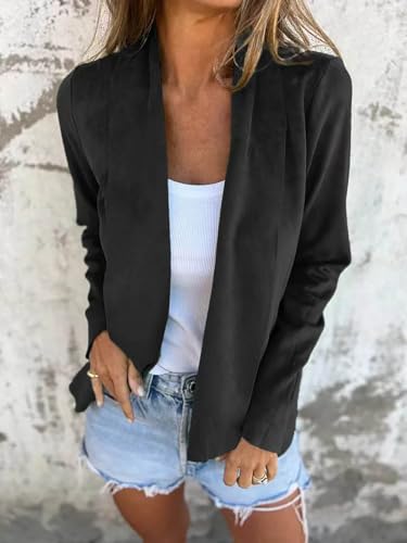 Specialistm - Specialist Casual Faux Suede Cardigan, Peculiaral Faux Suede Jacket Solid Color Stylish Lapel Jackets Women2