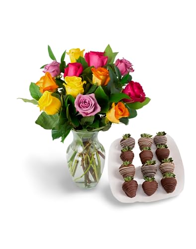 KaBloom PRIME NEXT DAY DELIVERY: 12 Assorted Roses with Classic Chocolate Dipped Berries with Vase.Gift for Birthday, Sympathy, Anniversary, Get Well, Thank You, Valentine, Motherâ€™s Day Fresh Flowers