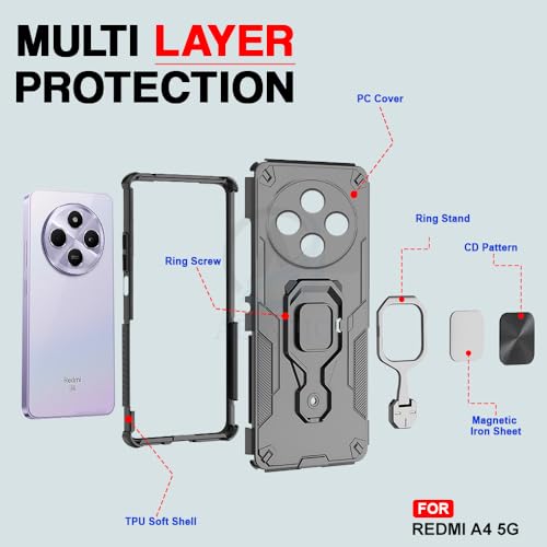 Image of AESTMO Armor Back Cover for Redmi A4 / 14C / Poco C75 / M7 5G | Ring Holder & Kickstand & Camera Protection in-Built | 360 Degree Protection Back Case Cover (Black)