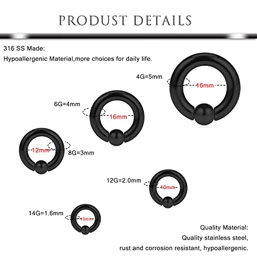 Hoeudjo Large Septum Rings 14G 12G 8G 6G 4G PA Ring Spring Action Captive Bead Rings Ear Gauges Stretching Expander Kit Stainless Steel Stretched Septum Jewelry Kit for Women Men2