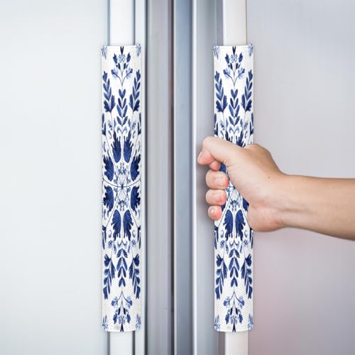 Image of Pardick Refrigerator Door Handle Covers Set of 2 Blue Ethnic Flower Washable Fridge Dishwasher Mocrowave Oven Stove Decor Protector Handle Cover Keep Kitchen Appliance Clean from Food Stains Decorate