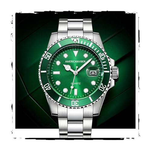 Image of AMERICANVIBER Luxury Diver Watch with Green Dial, Stainless Steel Band, Date Display, Quartz Movement