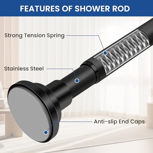 Image of Tension Shower Curtain Rod Shower Pole 30-76 Inch No Drilling Adjustable Spring Tension Rod Curtain Rod for Bathroom Window or Closet Easy Install Stainless Steel Anti-Slip Matte Black