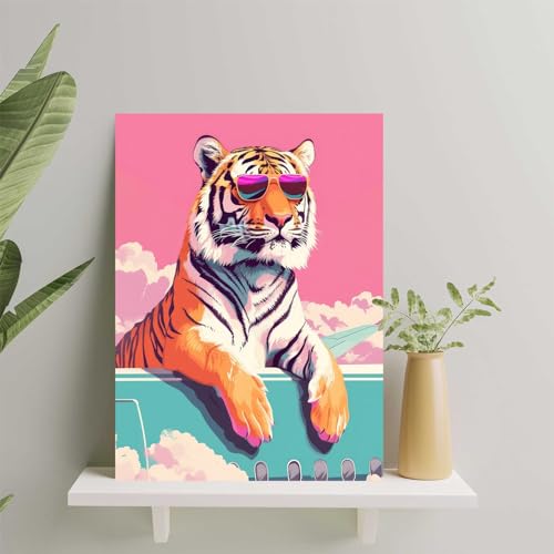 Jodycebu Pink Tiger Vintage Wall Canvas Art Animal Preppy Poster Modern Wall Art Framed Canvas Orange Tiger Sunglasses Trendy Colorful Eclectic Print Wall Decor thumb #5