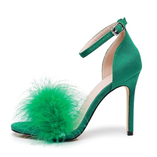 4.15 Inches Women's Ankle Strap Fluffy Feather Ankle Strap Stiletto Heels Sandals Open Toe Party Evening High Heel Pump Shoes2