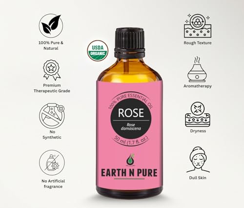Image of Earth N Pure Rose Essential Oil | 100% Pure & Natural | Steam Distilled | For Aromatherapy, Diffuser, Skin & Hair Care | 50ml