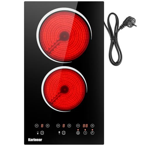 Karinear Placa Vitrocerámica de 2 Fuegos con Enchufe, Vitroceramica Dos Fuegos, Control Táctil, Independiente, Vitroceramica 2 Zonas, Ttemporizador, Bloqueo de Seguridad, 220-240 V, 3000 W