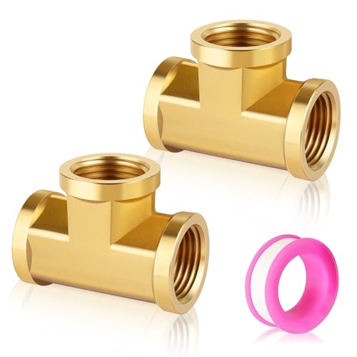 FANOVO 1/2 inch Forged Brass Tee Pipe Fitting, 2Pack 1/2'' x 1/2'' x 1/2'' NPT Feamle T-Fittings, 3 Way Metal Pipe Tee Connectors Adapter Coupling, fo