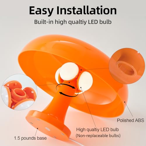 Orange Bedside Lamp for Bedroom Nightstand, Retro Mushroom Table Lamp with 3 Lighting Color and 10 Brightness Level, Desk Lamp for Reading Room/Office/Dorm(W11'' x H7.67'', USB Powered) - Image 7