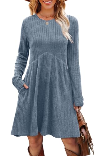 Image of OFEEFAN Long Sleeve Dress for Women Crew Neck Empire Waist Tunic Dress with Pockets