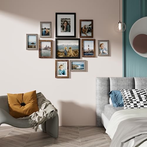 Image of Vittanly Picture Frames Set of 10, Picture Frames Collage Wall Decor with Two 8x10, Four 5x7 and Four 4x6 Photo Frames, Gallery Wall Frame Set for Wall or Tabletop Display, Black, Brown and Dark Grey