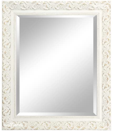 West Frames Bella French Ornate Embossed Wood Framed Wall Mirror (24.25" X 34.25", Antique White) #TOP1