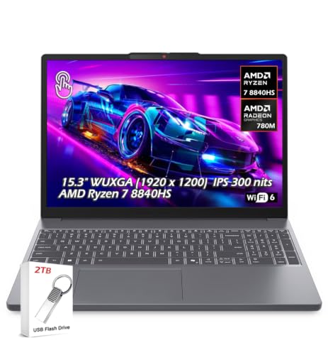 Image of Lenovo IdeaPad Slim 3 Laptop 15.3 inch WUXGA (1920 x 1200) Touchscreen, Ryzen 7 8840HS, 8-core, AMD Radeon 780M, 16GB DDR4, 1TB SSD, Wi-Fi6, Bluetooth 5.3, Win 11, Luna Grey, w /2TB USB Drive, W /GaLiMu