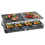 Clatronic® Raclette mit heißem Stein & Wendegussplatte | Raclette Grill mit Naturgrillstein | Raclette 8 Personen | inkl. 8 Pfännchen + Spartel | Raklettgerät mit regelbarem Thermostat | RG 3518