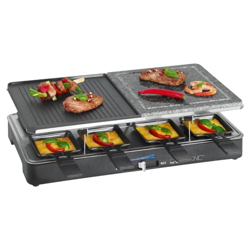 Clatronic® Raclette mit heißem Stein & Wendegussplatte | Raclette Grill mit Naturgrillstein | Raclette 8 Personen | inkl. 8 Pfännchen + Spartel | Raklettgerät mit regelbarem Thermostat | RG 3518