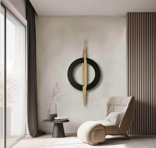 Image of ZOVE Modern Metal Wall Art | Black & Gold Circle Decor for Living Room | Modern Geometric Wall Hanging for Home, Office, or Hallway | 3D Abstract Iron Sculpture - 39 x 19 inch