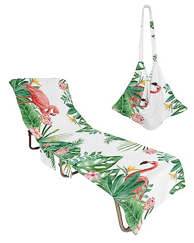 Tropical, Beach Lounge Chair Towel Cover, Soft Chaise Lounge Towel with Side Pockets Patio Pool Chairs Cover for Beach/Pool Sunbathing 29x85 Summer Flamingos Palm Tree Leaves Green Plants