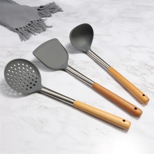 Spatule en silicone et louche à soupe PNAWLLCF avec manche en hêtre - 4