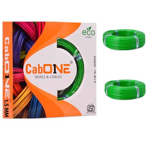 Image of CabONE 1.5 SQ.MM FR PVC Insulated Copper Electrical Wire, 90 Meter (Green, Pack of 2) | ISI Marked Fire Retardant Single Core Cable for Home Wiring