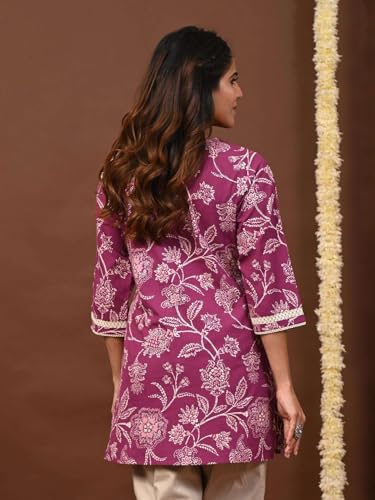 Image of Rimeline Women's Floral Printed Cotton Kurti Top | Round Notch Neck 3 /4 Sleeve Straight Fit Casual Tunic